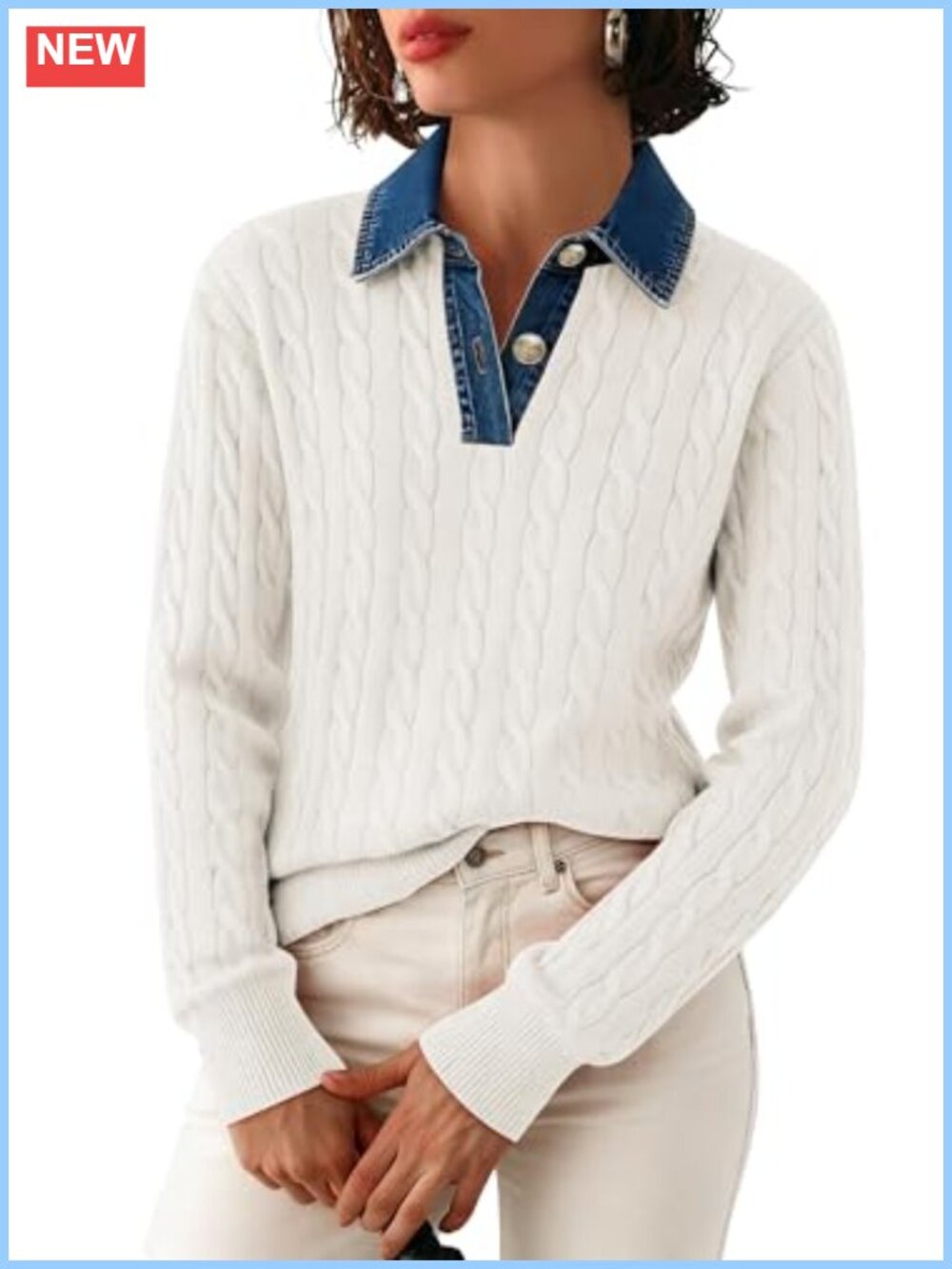 SAUKOLE Women's Cable Knit V-Neck Button Sweater Loose Pullover